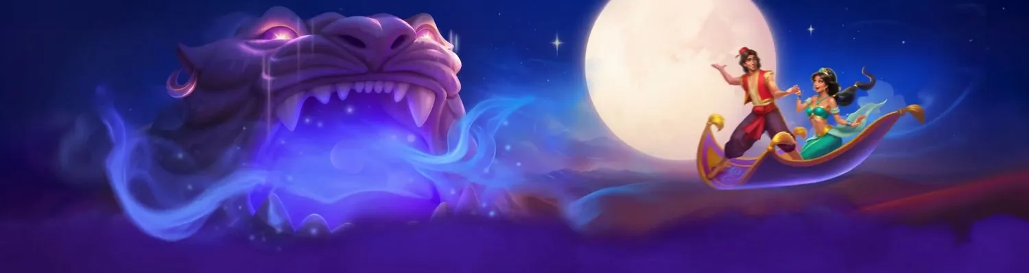 AlaWin welcome package banner: genie smoke and a flying carpet under a full moon