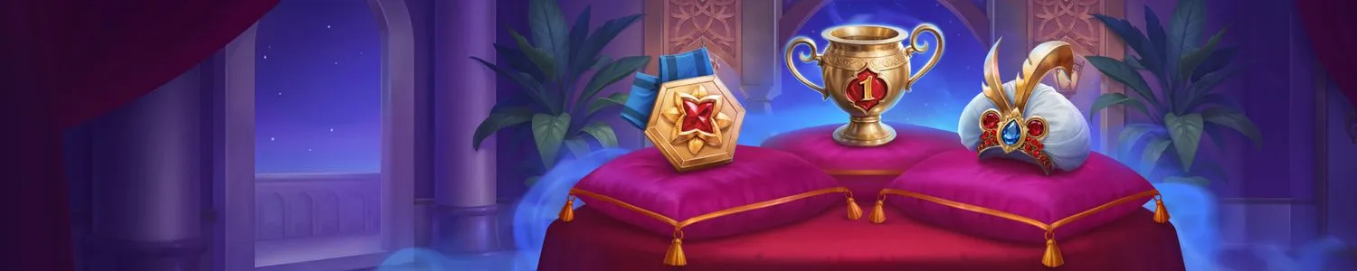 AlaWin VIP banner: medal, trophy and jeweled turban on velvet cushions